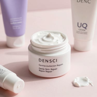 Dermatological sunscreen and gentle skin repair creams on a clean pastel surface, soft shadows