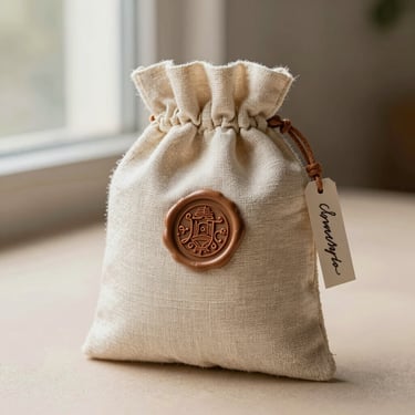 A textured linen pouch with a custom wax seal and elegant calligraphy tag, sitting on a soft nude surface under warm window light.