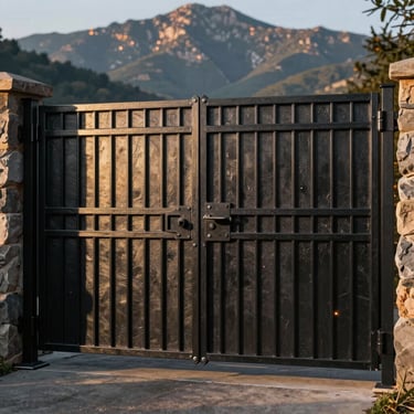 Finished black powder-coated architectural gate against a Draper mountain backdrop, dramatic golden hour lighting, sharp details, 35mm