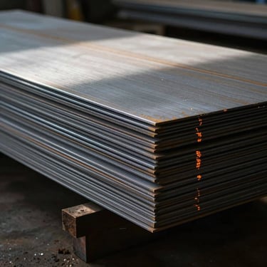 Raw steel sheets stacked in the workshop, dramatic high-contrast side-lighting, cool steel tones, sharp details, 35mm
