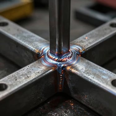 Close-up macro shot of clean MIG weld beads on a steel joint, warm orange spark accents, high-contrast workshop lighting, 35mm