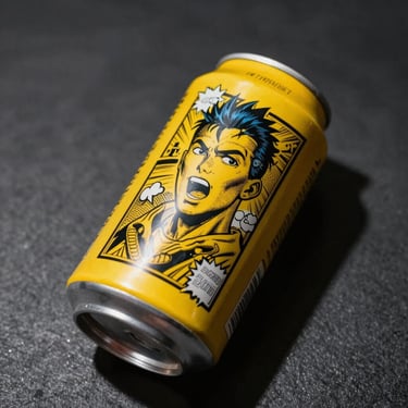 Dynamic wide-angle shot of a bright yellow beverage can with chaotic comic-book style illustrations, hard direct flash, sharp shadows.
