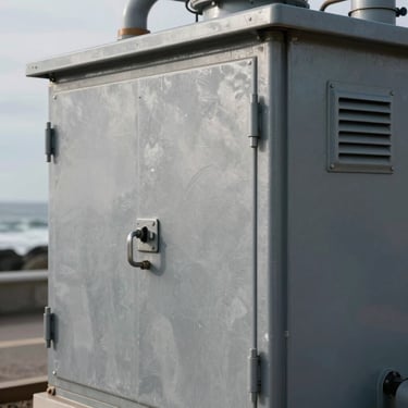 A close-up technical shot of a ruggedized steel power plant enclosure with anti-corrosive C5-M coating, showing heavy industrial door latches and ventilation louvers, overcast coastal daylight.