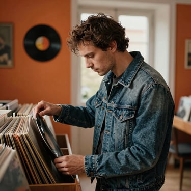 A man in a vintage denim jacket looking through a collection of vinyl records in a sunlit European / French apartment, burnt orange and deep charcoal accents, photography.