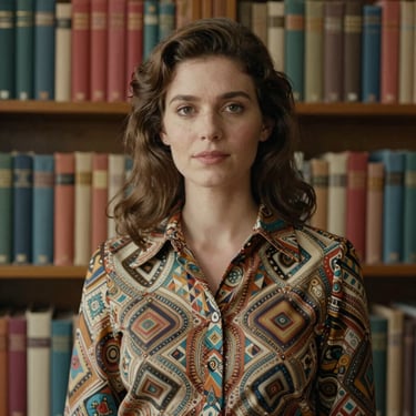 A portrait of a creative woman in a 1970s style patterned blouse, standing in a European / French library with colorful vintage books, soft cinematic lighting, photography.