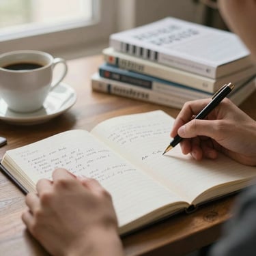 Close-up environmental portrait: hands resting on an open notebook filled with handwritten annotations, a coffee cup and a stack of language reference books in soft background blur, warm natural window light from the upper left, calm and focused atmosphere