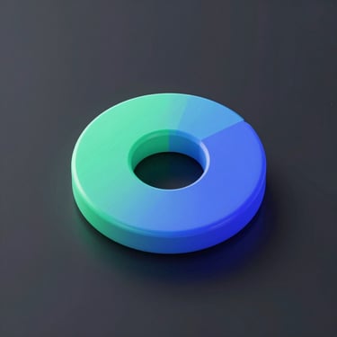 Sleek 3D render of a glowing emerald and indigo financial donut chart, high-contrast studio light, dark mode dashboard aesthetic, isometric perspective, copy space on left