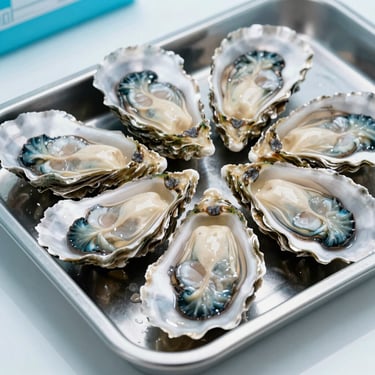 Freshly harvested premium oysters in a clean stainless steel tray, glistening under bright daylight, focus on texture.