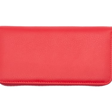 Portofel din piele roșu, fotografiat din față, centrat pe fundal alb.