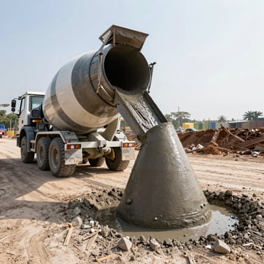 Low-angle wide shot of a heavy transit mixer discharging wet concrete into a slump test cone on a dusty Mangalore construction site, harsh morning light, high contrast steel tones.