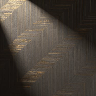 Detailed shot of high-end geometric wallpaper, subtle gold metallic lines on charcoal background, elegant texture
