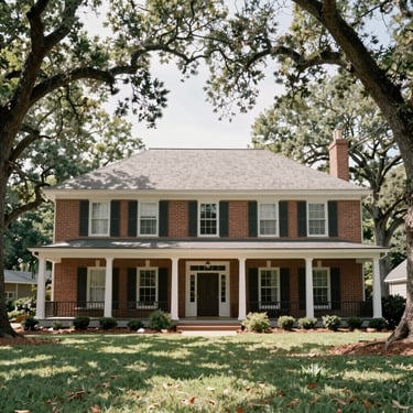 Classic Southern residential brick home with a clean porch, framed by mature oak trees, bright soft natural daylight.
