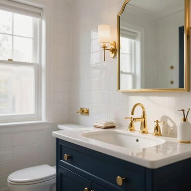 A beautifully detailed luxury bathroom with pristine white tiling, golden fixtures, soft natural light, clean and immaculate, warm editorial photography