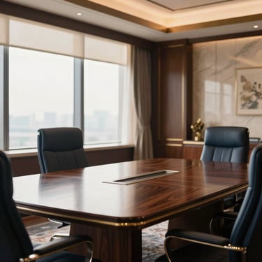 An elegant executive boardroom with polished dark wood table, comfortable leather chairs, large windows with soft morning light, professional and sophisticated