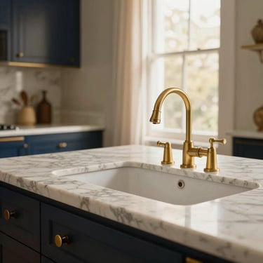 Close-up detail of a pristine marble kitchen counter, warm brass fixtures, soft morning light, immaculate preservation, warm editorial photography