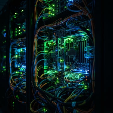 Macro shot of glowing server racks with neon green and electric blue backlighting, dark high-contrast cyber tech photography, 35mm lens