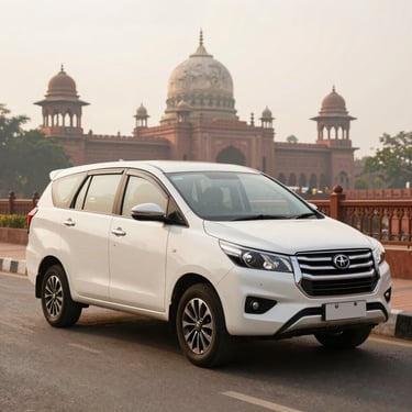 Pristine white Innova Crysta parked on a clean street, soft daylight, warm editorial photography.