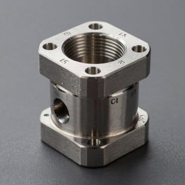 Frontal isometric view of a polished stainless steel flange with visible ASTM certification stamps, cold technical lighting, neutral gray background.