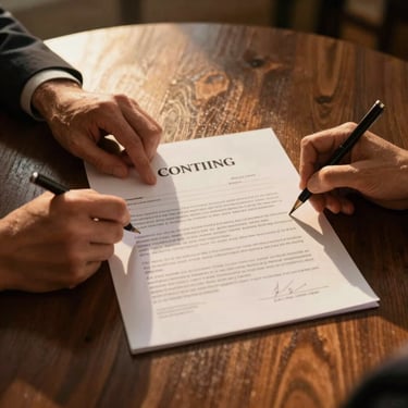 Elegant close-up of hands signing a land acquisition contract on a dark wooden table, warm ambient lighting