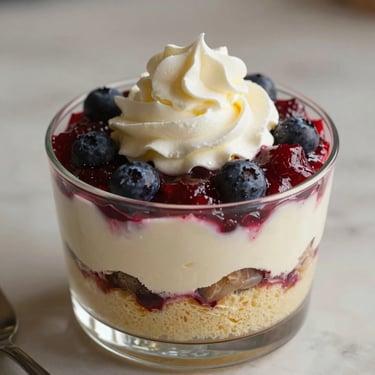 Layered dessert bowl with vanilla sponge, berry compote, and whipped cream