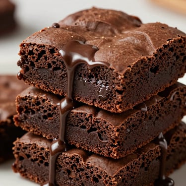 Fudge brownie stack showing glossy chocolate drips and rich, dense center