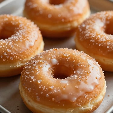 Glazed baked donuts dusted with organic sugar, warm golden lighting, macro texture