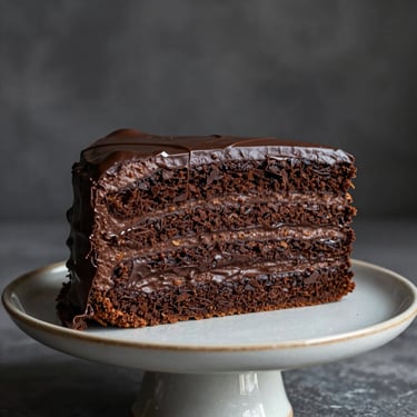 Elegant double-chocolate layer cake on a ceramic stand, soft side lighting, rich crumb texture