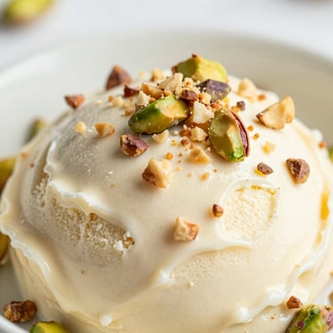 Close-up of creamy roasted pistachio gelato with crushed nuts on top, soft daylight, shallow depth of field.