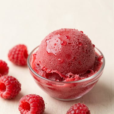 Vibrant red raspberry sorbet, fresh berries scattered beside it, soft daylight, shallow depth of field.