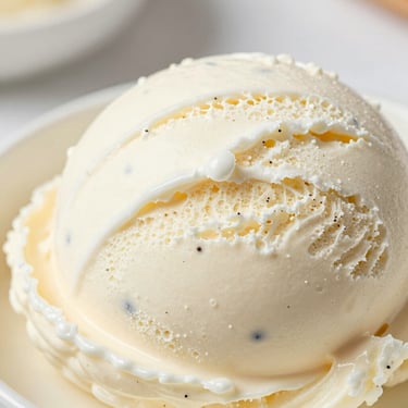 Creamy white vanilla gelato flecked with tiny black seeds, soft daylight, shallow depth of field.