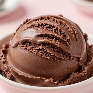 Dark, rich chocolate gelato with a glossy texture, soft daylight, shallow depth of field.