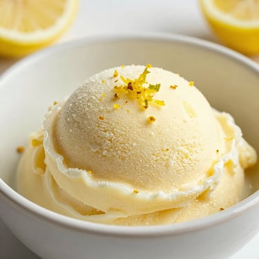 Pale yellow lemon sorbet in a ceramic bowl, fresh lemon zest, soft daylight, shallow depth of field.