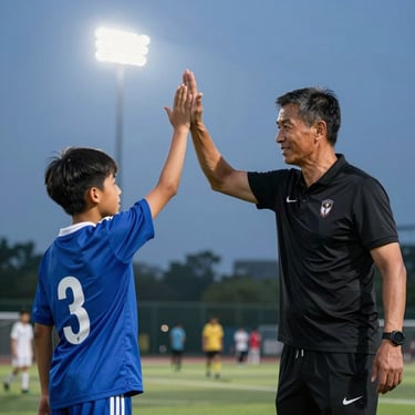 Candid medium shot of an adult coach high-fiving a young youth player on the sidelines, crisp evening floodlights illuminating the scene with high-contrast athletic energy.