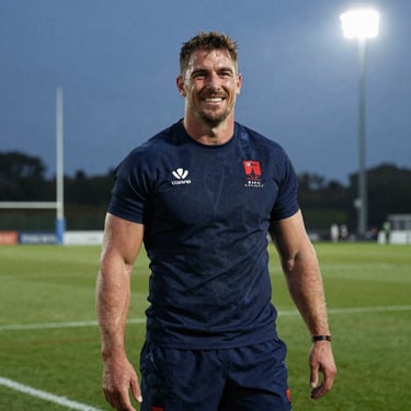 Candid portrait of a professional male rugby coach in a navy training kit, smiling on a grassy pitch under evening floodlights.