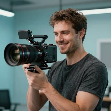 Portrait of a professional male filmmaker holding a high-end cinema lens, smiling, with a modern studio background in teal blue tones.