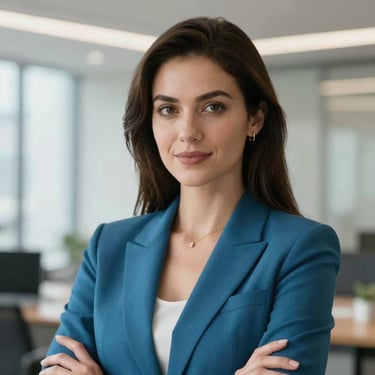 Portrait of a confident female marketing executive in a professional teal blue blazer, clean office background with soft lighting.