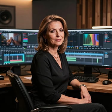 Professional portrait of a Senior Video Editor, a Romanian woman with an elegant look, in a high-tech editing studio with dark wood textures and warm bronze ambient lighting on the monitors.