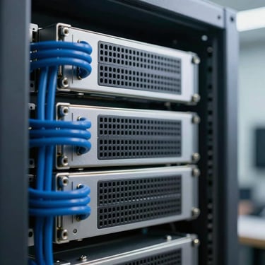 High-detail macro shot of physical server rack hardware with clean blue cabling, cool natural lighting, pristine server room environment.