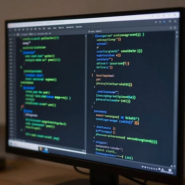 Close-up of a high-resolution dark monitor displaying structured code lines in green and blue syntax highlighting, clean workspace environment, soft ambient lighting.