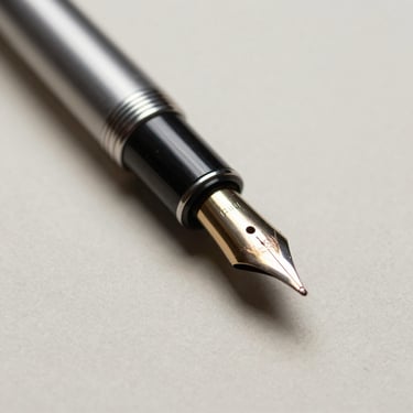 Macro close-up of a high-quality fountain pen resting on heavy textured paper stock, soft natural side lighting.