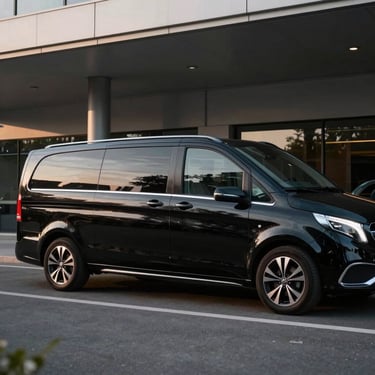 Side view of a premium black executive passenger van with sliding doors, parked under a modern canopy, soft ambient reflections.