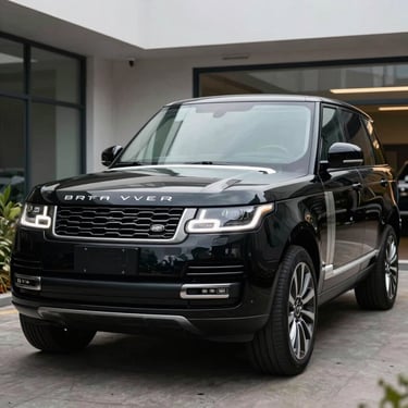Heroic front-quarter shot of a robust black luxury SUV with dark tinted windows, parked in a secure corporate courtyard, sharp lighting.