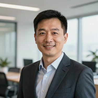 Professional, approachable headshot of a male managing director in a bright, clean corporate office setting, smiling, daylight.