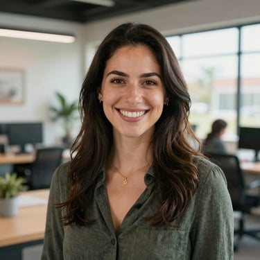 Professional, approachable headshot of a female digital strategist in a modern California workspace, bright natural lighting, smiling.