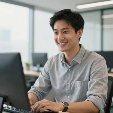 Professional, approachable headshot of a male web developer in a bright, modern corporate office, clean daylight, smiling.