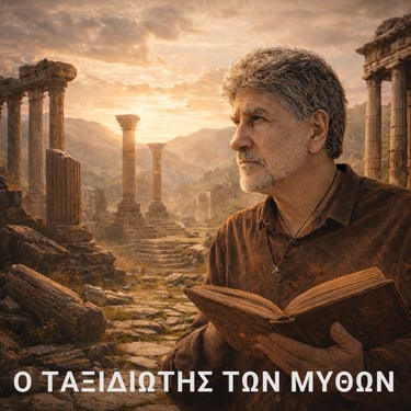 Ο Ταξιδιώτης των Μύθων διαβάζει ένα βιβλίο μυθολογίας καθώς περπατά σε ερείπια ενός αρχαίου ναού