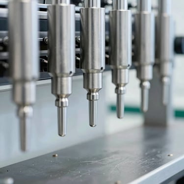 Detailed macro shot of stainless steel liquid filling nozzles on an active production line, bright cool-toned workshop light, 50mm.