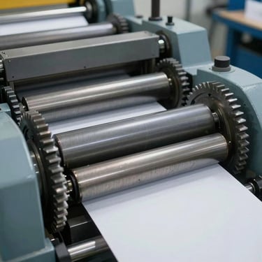 Sharp close-up of heavy-duty mechanical gears and rollers feeding paper stock in a cup forming machine, industrial slate tones, 50mm.