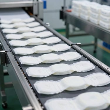 High-speed conveyor belt transporting neatly stacked sanitary pads in a clean factory environment, cool-toned workshop daylight, 50mm.