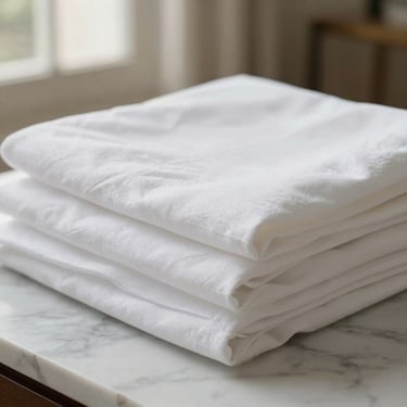 Macro shot of crisp, high-thread-count white luxury linens neatly folded on a marble surface in a sunlit Parisian apartment, soft natural light.